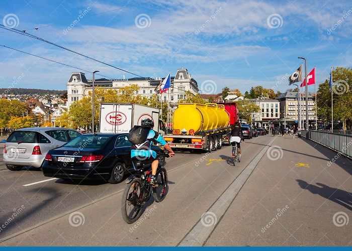 Bellevueplatz Traffic on the Quaibrucke Bridge in the City of Zurich ... photo
