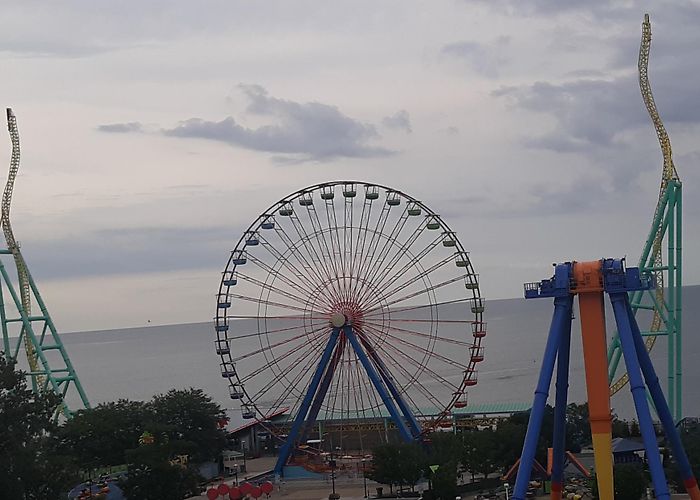Sky Ride Wicked Twister, Cedar Point] and Giant Wheel in front of a ... photo